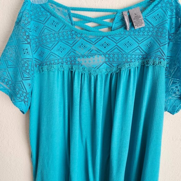 Baby doll spring boho Cottagecore green/ Teal Lace Short Sleeve pullover top L - Picture 7 of 7
